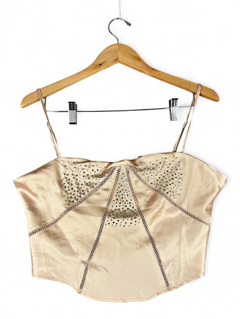 Forever 21 Beige Rhinestone Lace-Trim Crop Top Size L